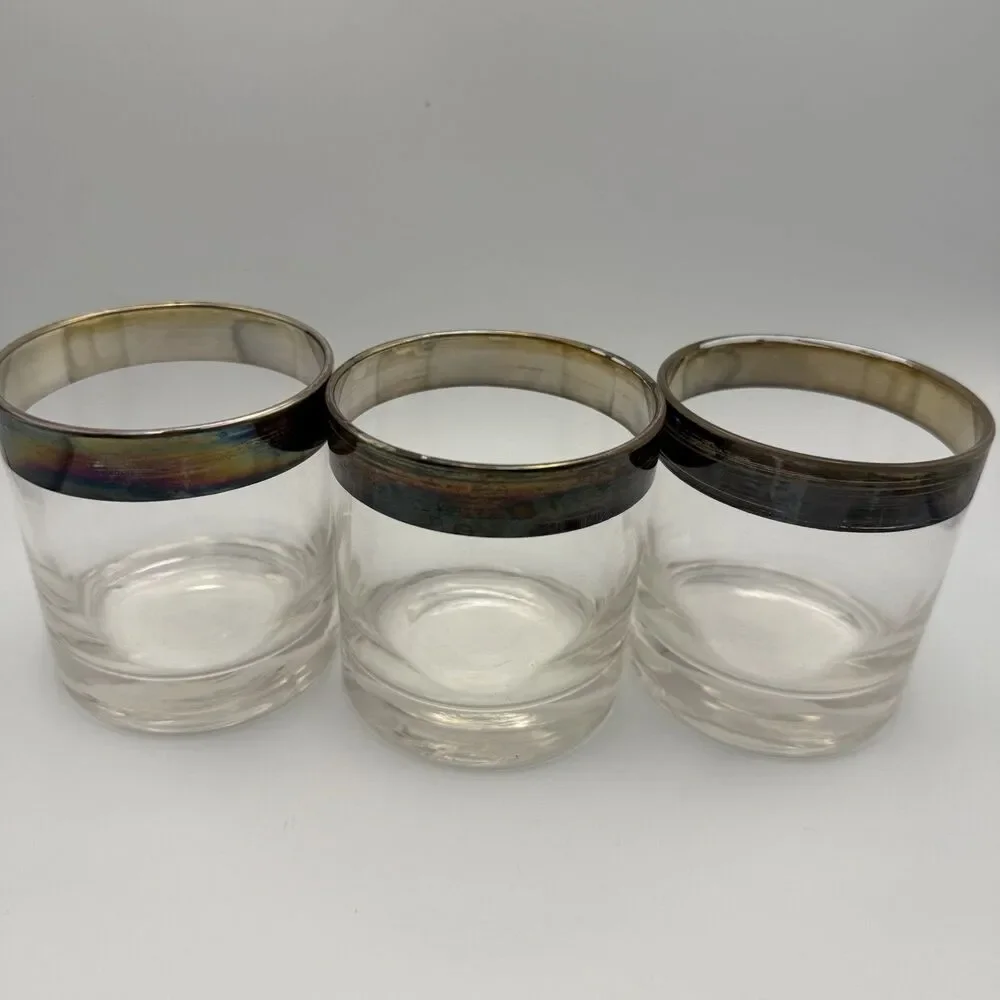 Set 3 Vintage Mid Century Silver Rim Rocks Glasses Whiskey Cocktail Thorpe Style